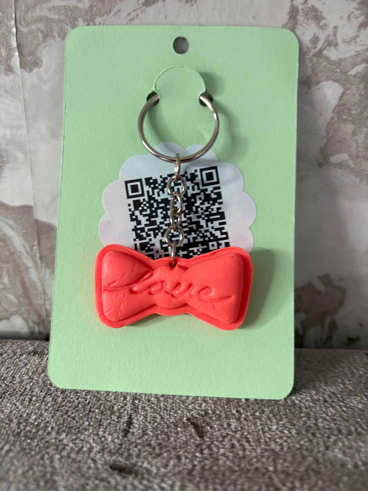 Handmade polymer clay bow Keyring with love on