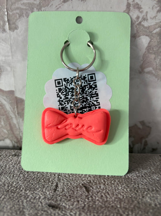 Handmade polymer clay bow Keyring with love on