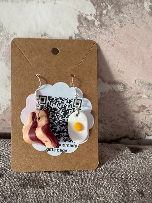 Handmade polymer clay bacon and egg earrings