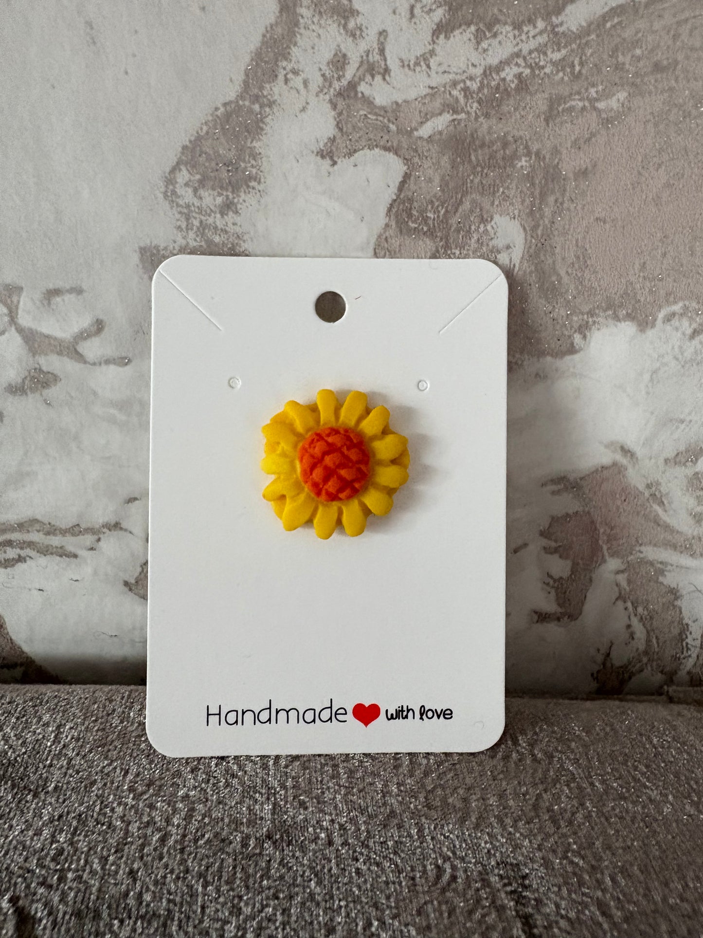 Handmade polymer clay sunflower badge pin