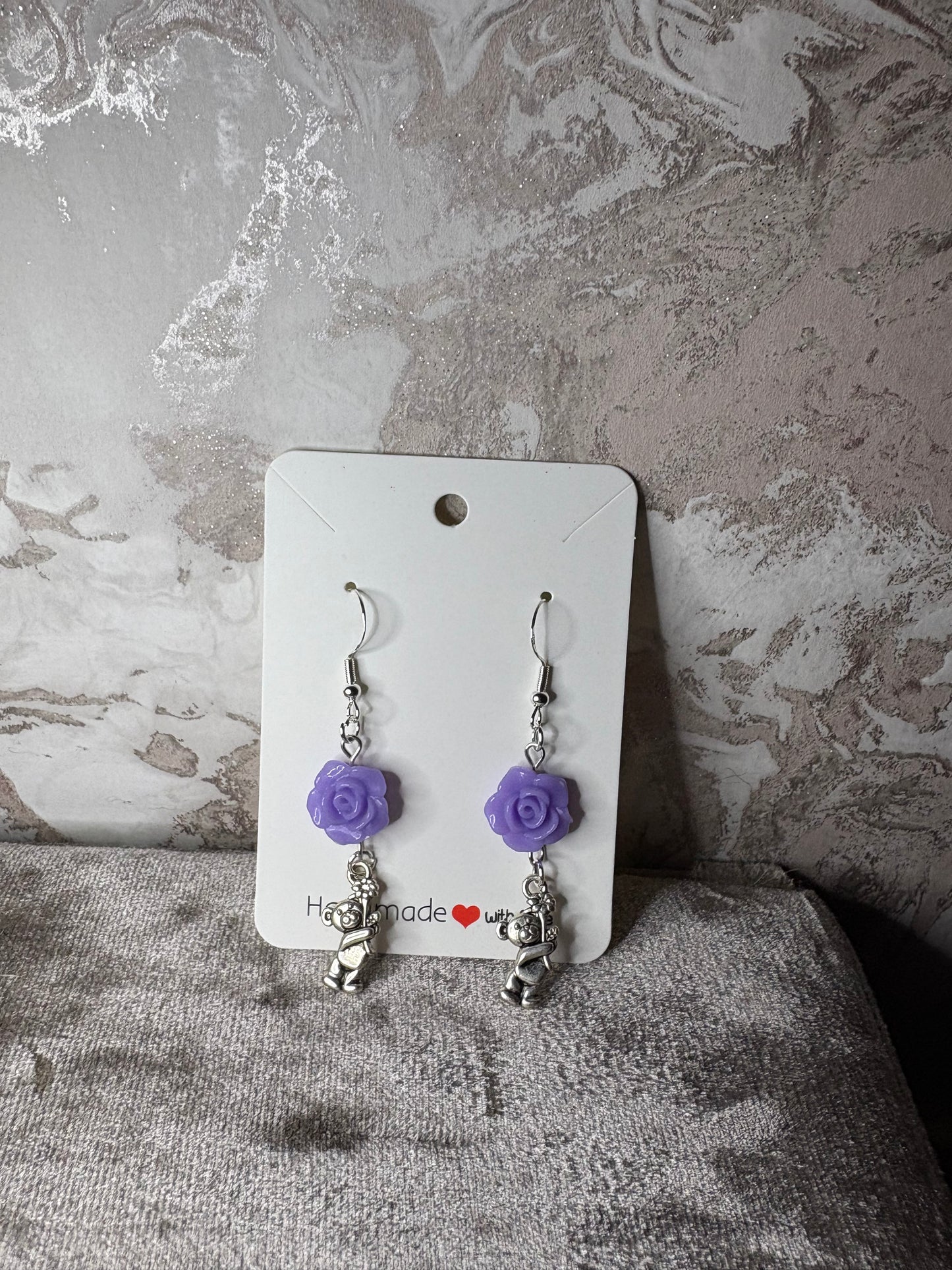 Dangling bear with flower earrings