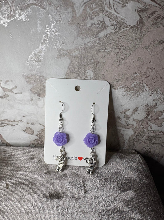 Dangling bear with flower earrings