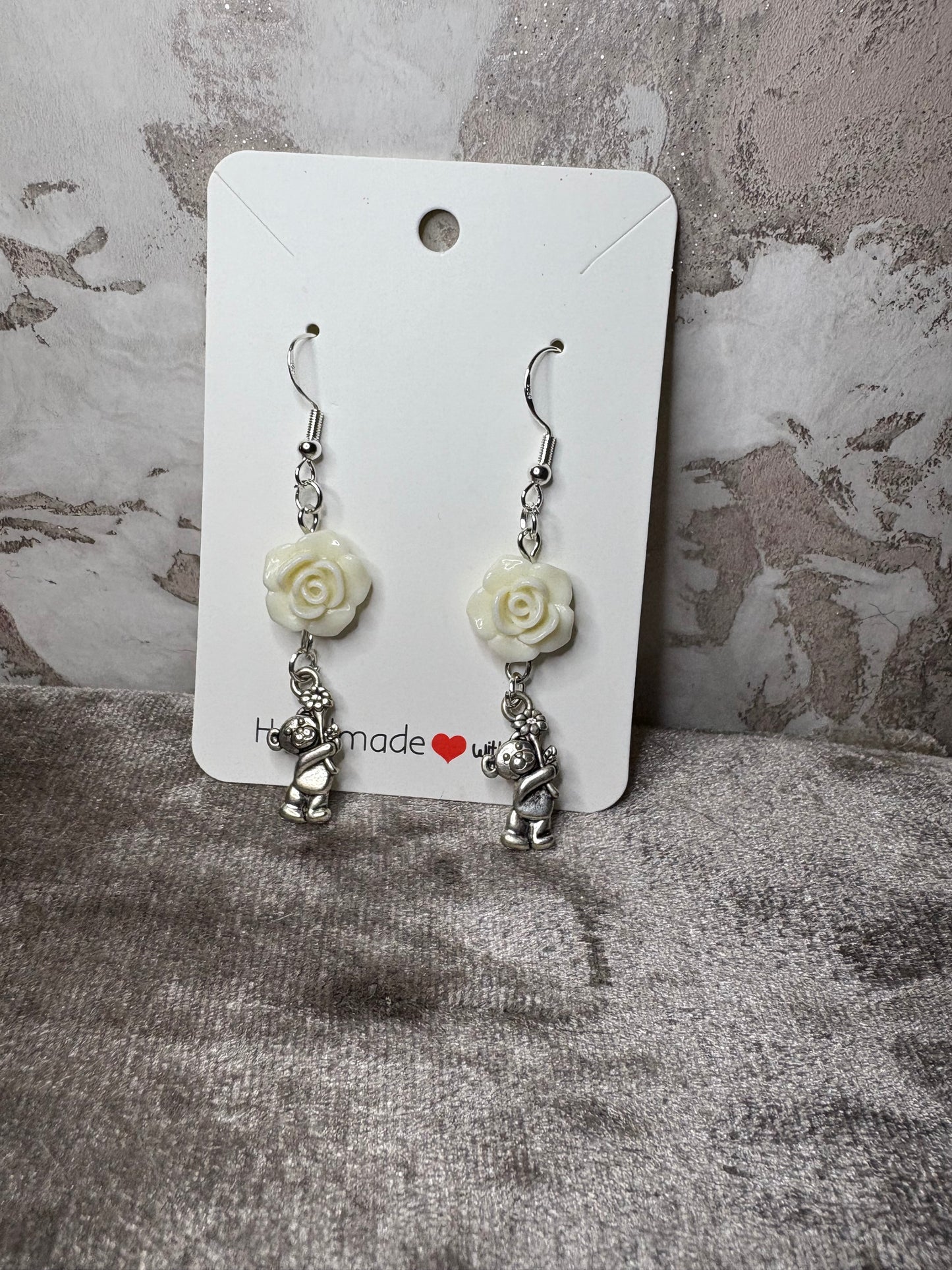 Dangling bear with flower earrings