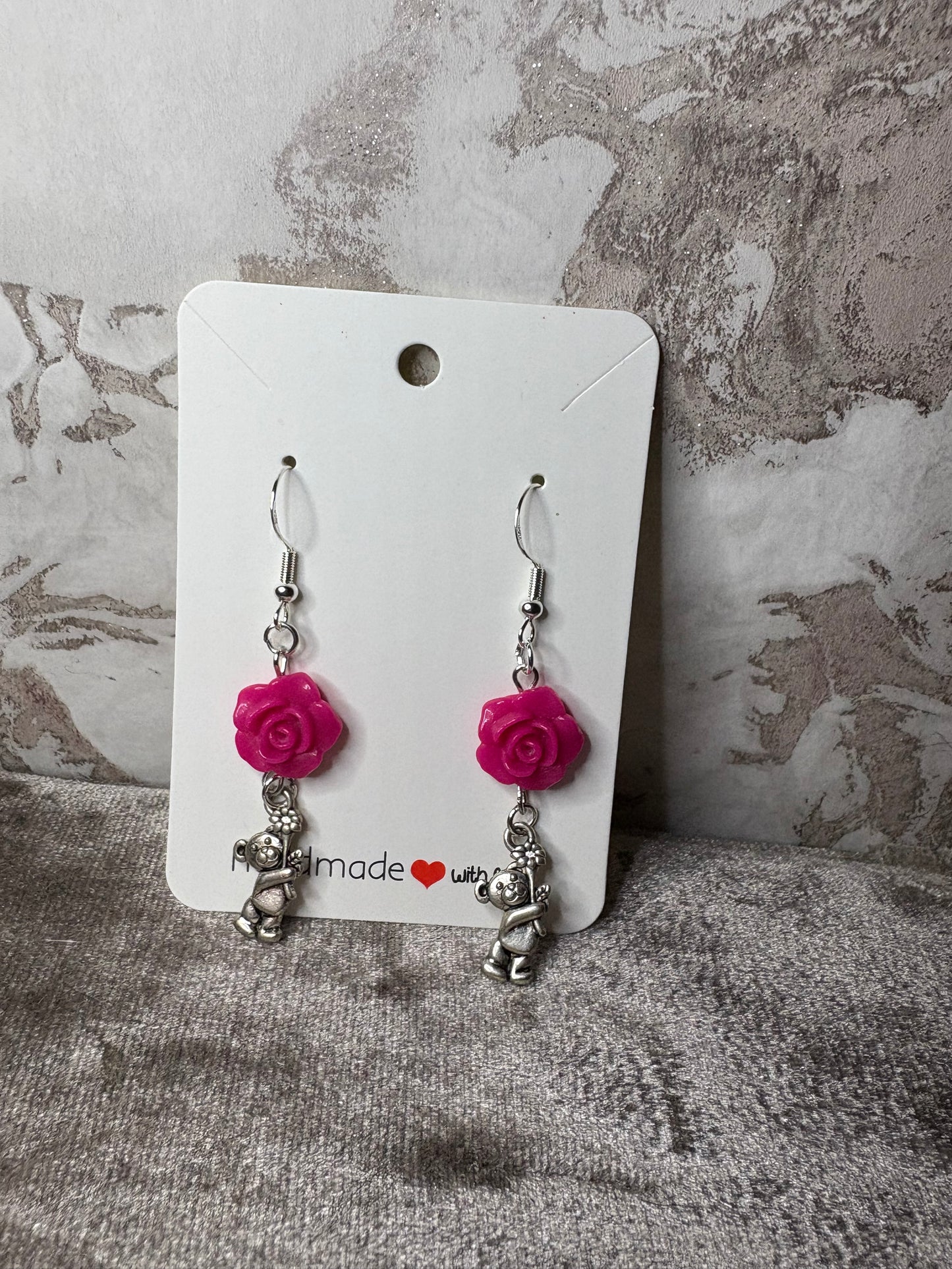 Dangling bear with flower earrings