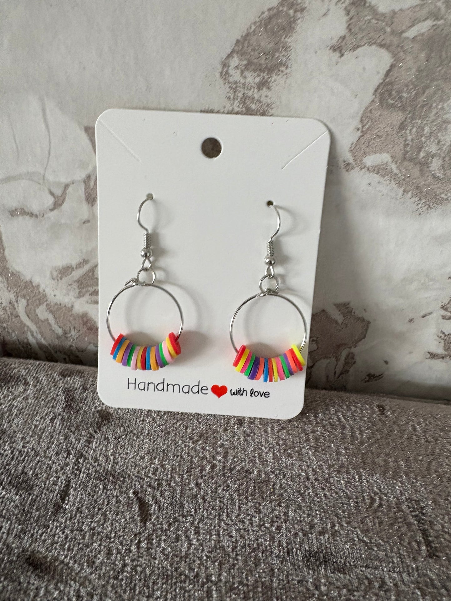 Handmade clay bead hoop dangly earrings