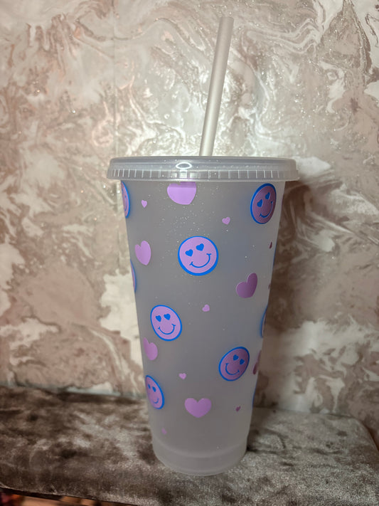 Handmade smiley face and heart 24oz cold cup