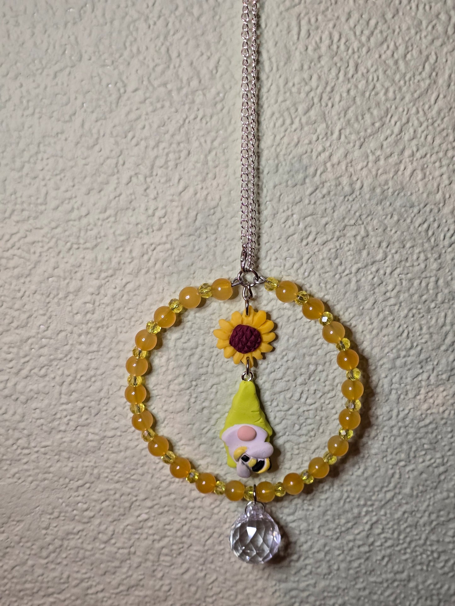 Handmade gnome with sunflower and bee suncathers