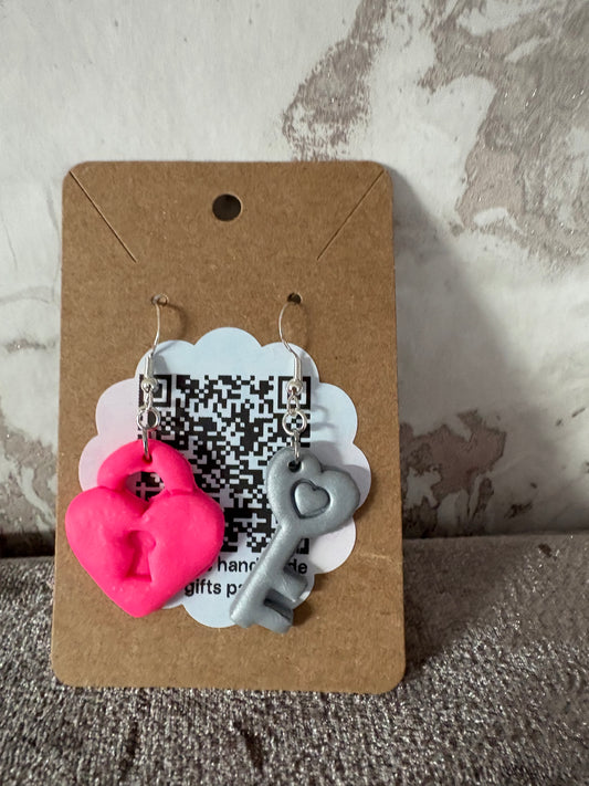 Handmade polymer clay lock and key earrings